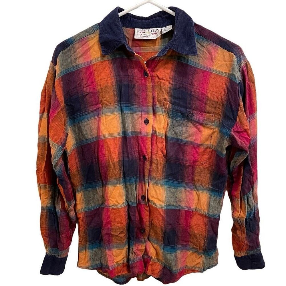 Extra Intl Button Up Juniors S Ombré Plaid Navy Corduroy Evermore Midnight